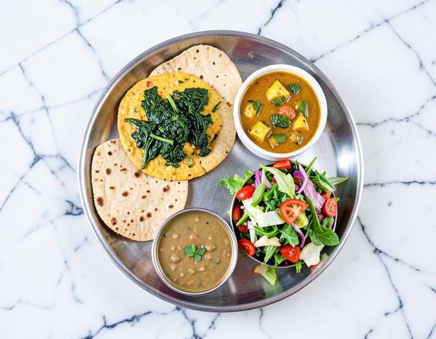 Low-GI Indian thali with palak paneer and jowar roti